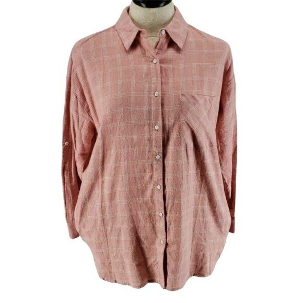 E.SSUE pink plaid long‎ sleeve button up roll tab blouse